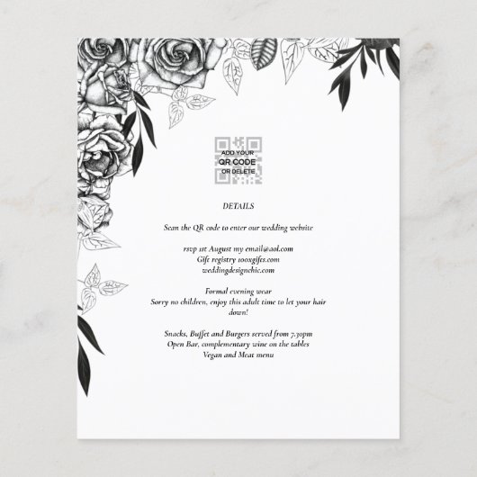 LeahG Black White Rozen Wedding Budget INVITE Flyer (Achterkant)