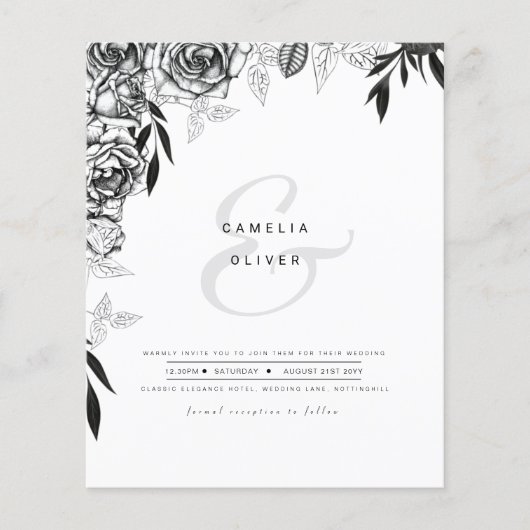 LeahG Black White Rozen Wedding Budget INVITE Flyer (Voorkant)