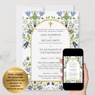 LeahG Blauw Bloemen Katholieke Bruiloft Nuptial Ma Kaart