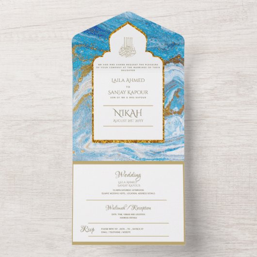 LeahG Blauwe Islamitische Moslim Bruiloft Nodigt N All In One Uitnodiging (Binnen)