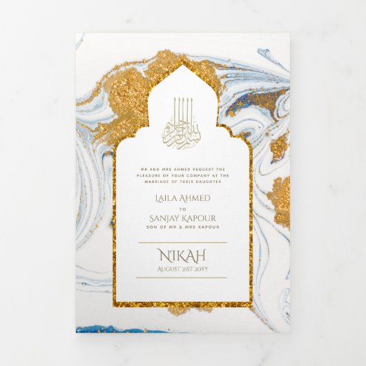 LeahG Blauwe Islamitische Moslim Bruiloft Nodigt N Drieluik Uitnodiging (Cover)