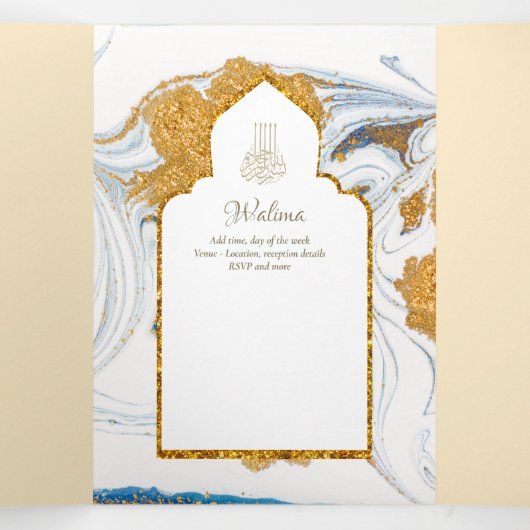 LeahG Blauwe Islamitische Moslim Bruiloft Nodigt N Drieluik Uitnodiging (Binnenkant midden)