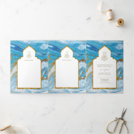 LeahG Blauwe Islamitische Moslim Bruiloft Nodigt N Drieluik Uitnodiging