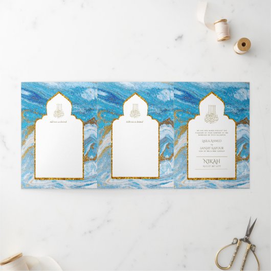 LeahG Blauwe Islamitische Moslim Bruiloft Nodigt N Drieluik Uitnodiging (Buitenkant)