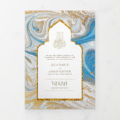 LeahG Blauwe Islamitische Moslim Bruiloft Nodigt N Drieluik Uitnodiging (Cover)