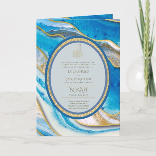 LeahG Blauwe Islamitische Moslim Bruiloft Nodigt N Kaart (Voorkant)