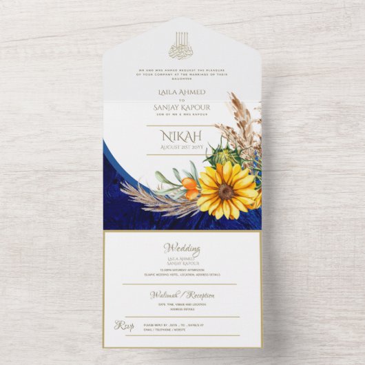 LeahG Blauwe Zonnebloem Bloemige Islamitische Mosl All In One Uitnodiging (Binnen)