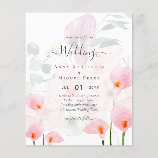 LeahG Blush Pink Calla Lily Wedding Invite Floral Flyer (Voorkant)