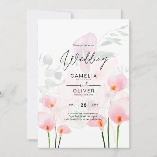 LeahG Blush Pink Calla Lily Wedding Invite Floral Kaart (Voorkant)