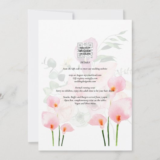 LeahG Blush Pink Calla Lily Wedding Invite Floral Kaart (Achterkant)