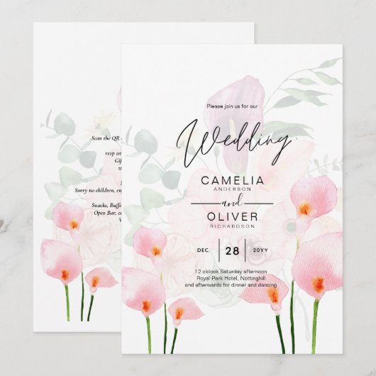 LeahG Blush Pink Calla Lily Wedding Invite Floral Kaart (Voorkant / Achterkant)