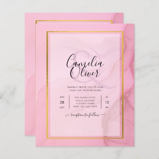 LeahG Blush Pink Gold INK Ombre Wedding INVITE (Voorkant / Achterkant)