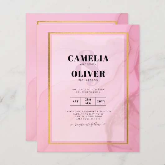 LeahG Blush Pink Gold INK Ombre Wedding INVITE (Voorkant / Achterkant)