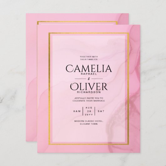 LeahG Blush Pink Gold INK Ombre Wedding INVITE (Voorkant / Achterkant)