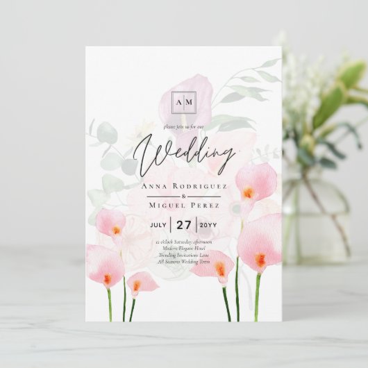 LeahG Blush Roze Calla Lelie Trouw Uitnodiging Blo (Staand voorkant)