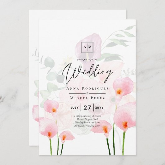LeahG Blush Roze Calla Lelie Trouw Uitnodiging Blo (Voorkant / Achterkant)