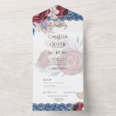 LeahG bordeaux blauwe rozen kant herfst trouw uitn All In One Uitnodiging (Binnen)