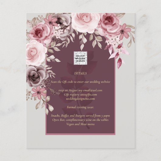 LeahG bordeauxroze rozen herfst trouw uitnodiging. Flyer (Achterkant)