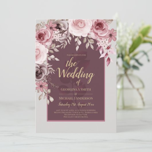 LeahG bordeauxroze rozen herfst trouwkaart. Kaart (Staand voorkant)