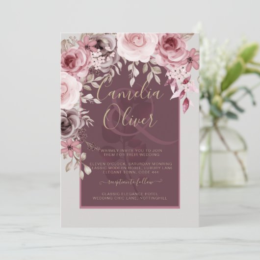 LeahG bordeauxroze rozen herfst trouwkaart. Kaart (Staand voorkant)