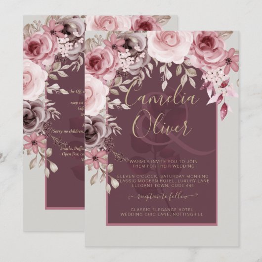 LeahG bordeauxroze rozen herfst trouwkaart. Kaart (Voorkant / Achterkant)