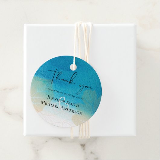 LeahG Budget Bruiloft Oceaan Blauw Waterverf Bedankjes Labels (In situ)