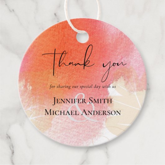 LeahG Budget Bruiloft Rood Oranje Aquarel Bladeren Bedankjes Labels (Voorkant)