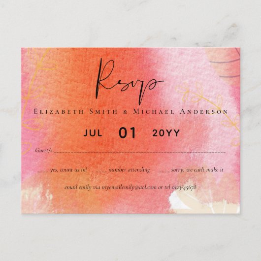 LeahG Budget Bruiloft Rood Oranje Aquarel Bladeren Briefkaart (Voorkant)