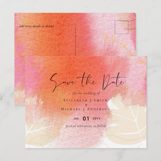 LeahG Budget Bruiloft Rood Oranje Aquarel Bladeren Briefkaart (Voorkant / Achterkant)