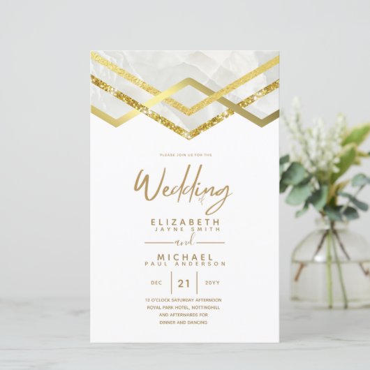 LeahG Budget DECO Silver Gold Wedding Invite (Staand voorkant)
