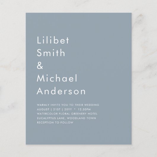 LeahG Budget Dusty Blue Monochrome Wedding Flyer (Voorkant)