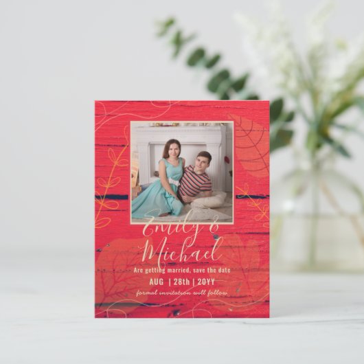 LeahG Budget FOTO Save Date Red Gold Leaves (Staand voorkant)