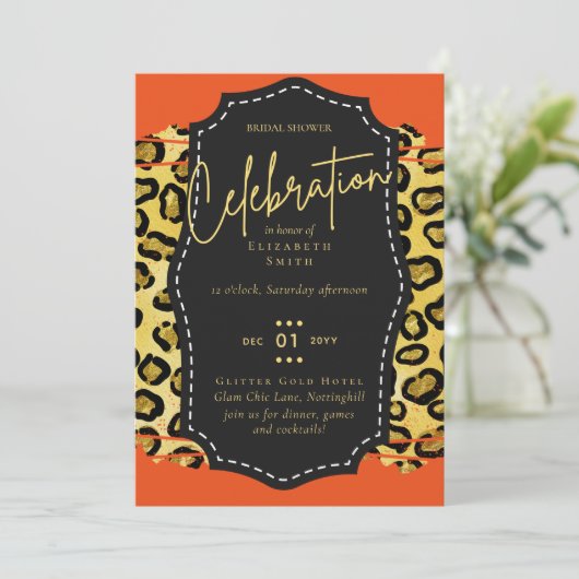 LeahG Budget Glam Chic Bruiloftsfeest Goud Oranje Kaart (Staand voorkant)