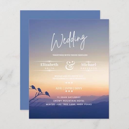 LeahG BUDGET Mountain Sunset Wedding Invite (Voorkant / Achterkant)