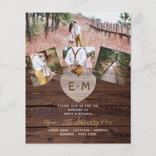 LeahG BUDGET Rustic Wood Heart PHOTO WEDDING Flyer (Voorkant)