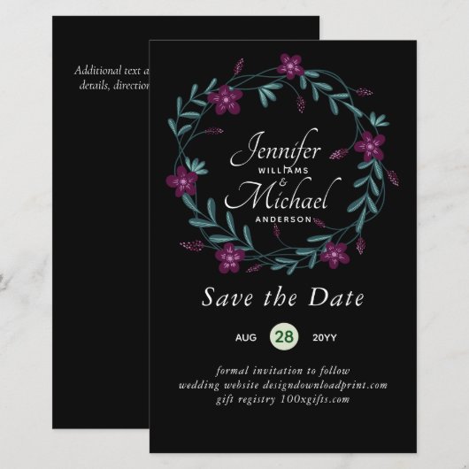 LeahG BUDGET Save Date Plum Floral Wreater (Voorkant / Achterkant)