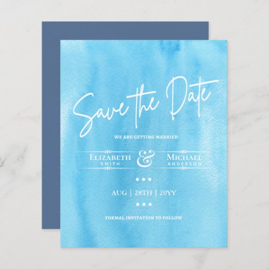LeahG BUDGET Save The Date Blauwe Lucht Aquarel (Voorkant / Achterkant)