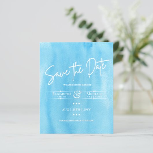 LeahG BUDGET Save The Date Blauwe Lucht Aquarel (Staand voorkant)