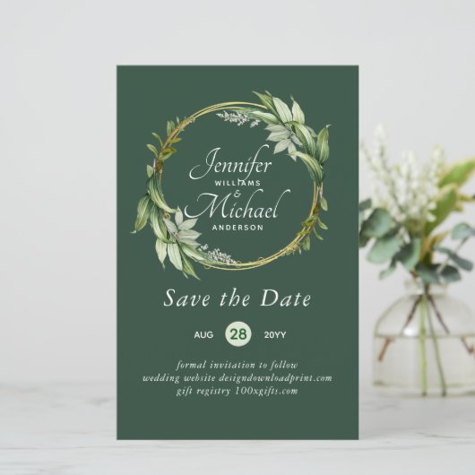 LeahG BUDGET Save The Date Groene krans Modern (Staand voorkant)