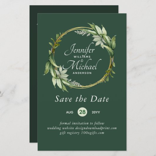LeahG BUDGET Save The Date Groene krans Modern (Voorkant / Achterkant)