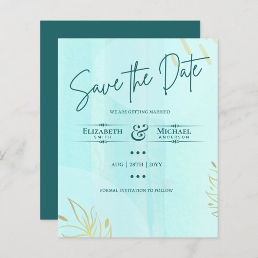 LeahG BUDGET Save The Date Teal Goud Abstract (Voorkant / Achterkant)