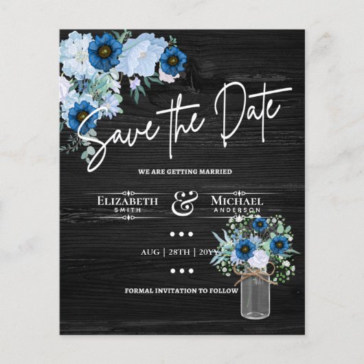 LeahG BUDGET Save The Date Zwart Blauw Bloemmotief (Voorkant)