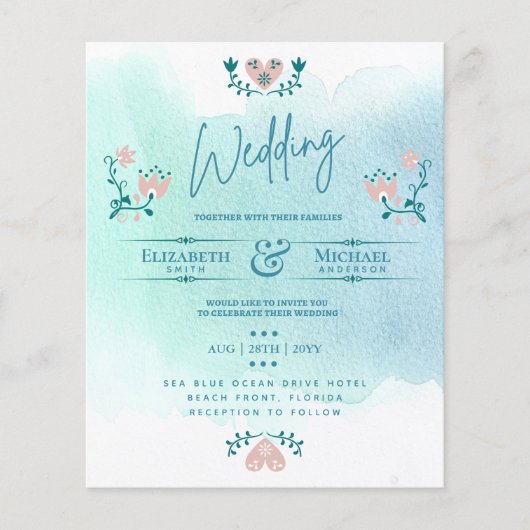 LeahG BUDGET Trouw Uitnodiging Folk Art Teal Roze (Voorkant)