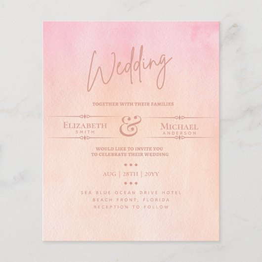 LeahG Budget Trouw Uitnodiging Perzik Roze Aquarel (Voorkant)