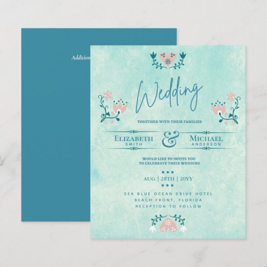 LeahG BUDGET Wedding Invite Folk Art Blauwgroen Ro (Voorkant / Achterkant)