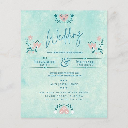 LeahG BUDGET Wedding Invite Folk Art Blauwgroen Ro (Voorkant)
