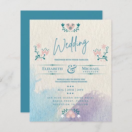 LeahG BUDGET Wedding Invite Folk Art Blauwgroen Ro (Voorkant / Achterkant)
