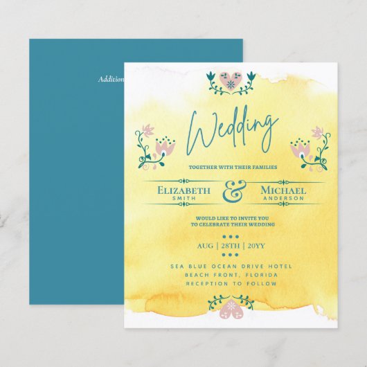 LeahG BUDGET Wedding Invite Folk Art Yellow Blauwg (Voorkant / Achterkant)