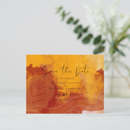 LeahG Budget Wedding Waterverf Sunset Fall Briefkaart (Staand voorkant)