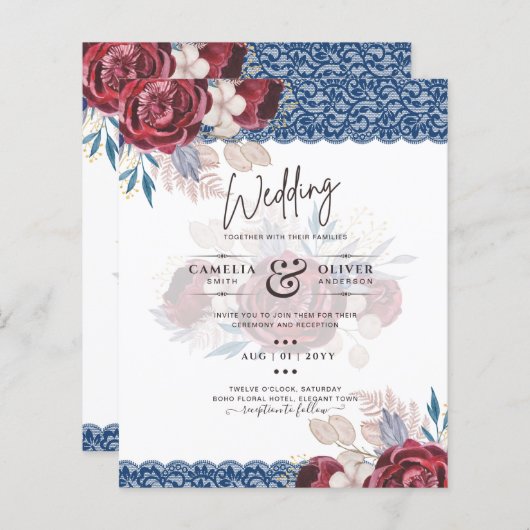 LeahG Burgundy Blue Rozen Lace Fall Wedding Invite (Voorkant / Achterkant)